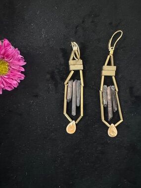 Gold-Tone Geometric Drop Earrings with Gray Crystal Accents